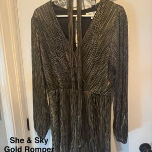 She + Sky Metallic Gold Long Sleeve Romper